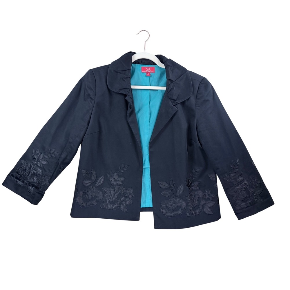 Oscar Blazer Women 12 Black Excellent Embroidered Floral Sleeves Ruffle Collar
